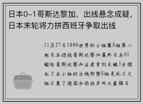 日本0-1哥斯达黎加，出线悬念成疑，日本末轮将力拼西班牙争取出线
