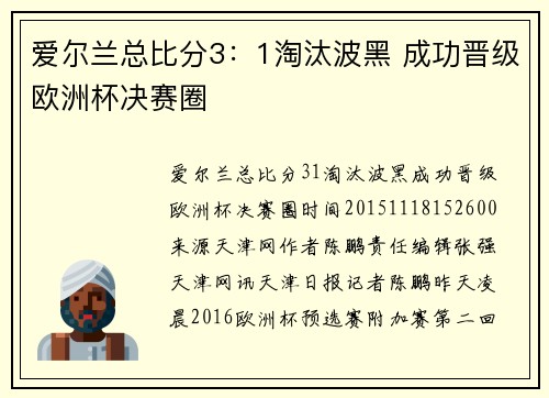 爱尔兰总比分3：1淘汰波黑 成功晋级欧洲杯决赛圈