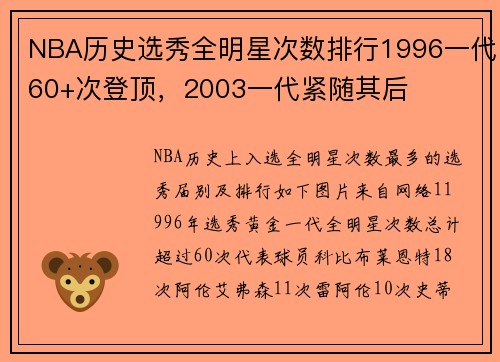 NBA历史选秀全明星次数排行1996一代60+次登顶，2003一代紧随其后