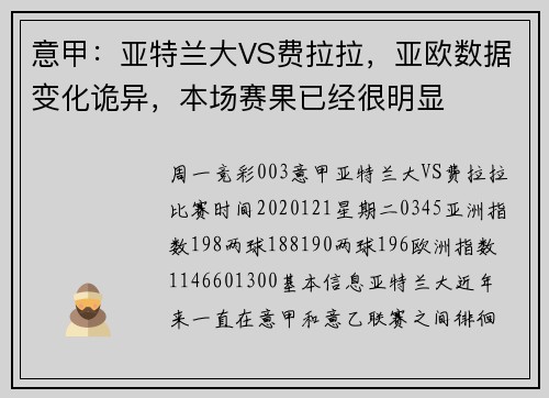 意甲：亚特兰大VS费拉拉，亚欧数据变化诡异，本场赛果已经很明显