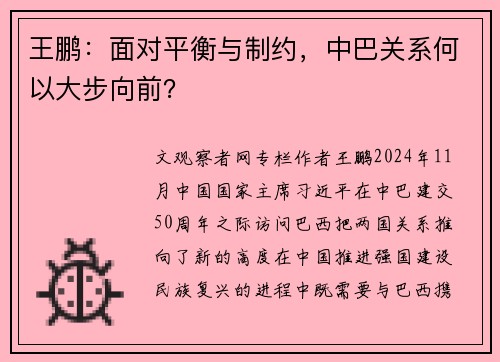 王鹏：面对平衡与制约，中巴关系何以大步向前？